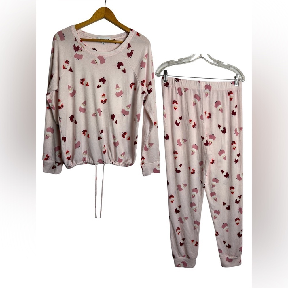 Kikit Pajama set Elf Santa Print M Soft Pants Top Long Sleeve Pink Stretch‎ Pull